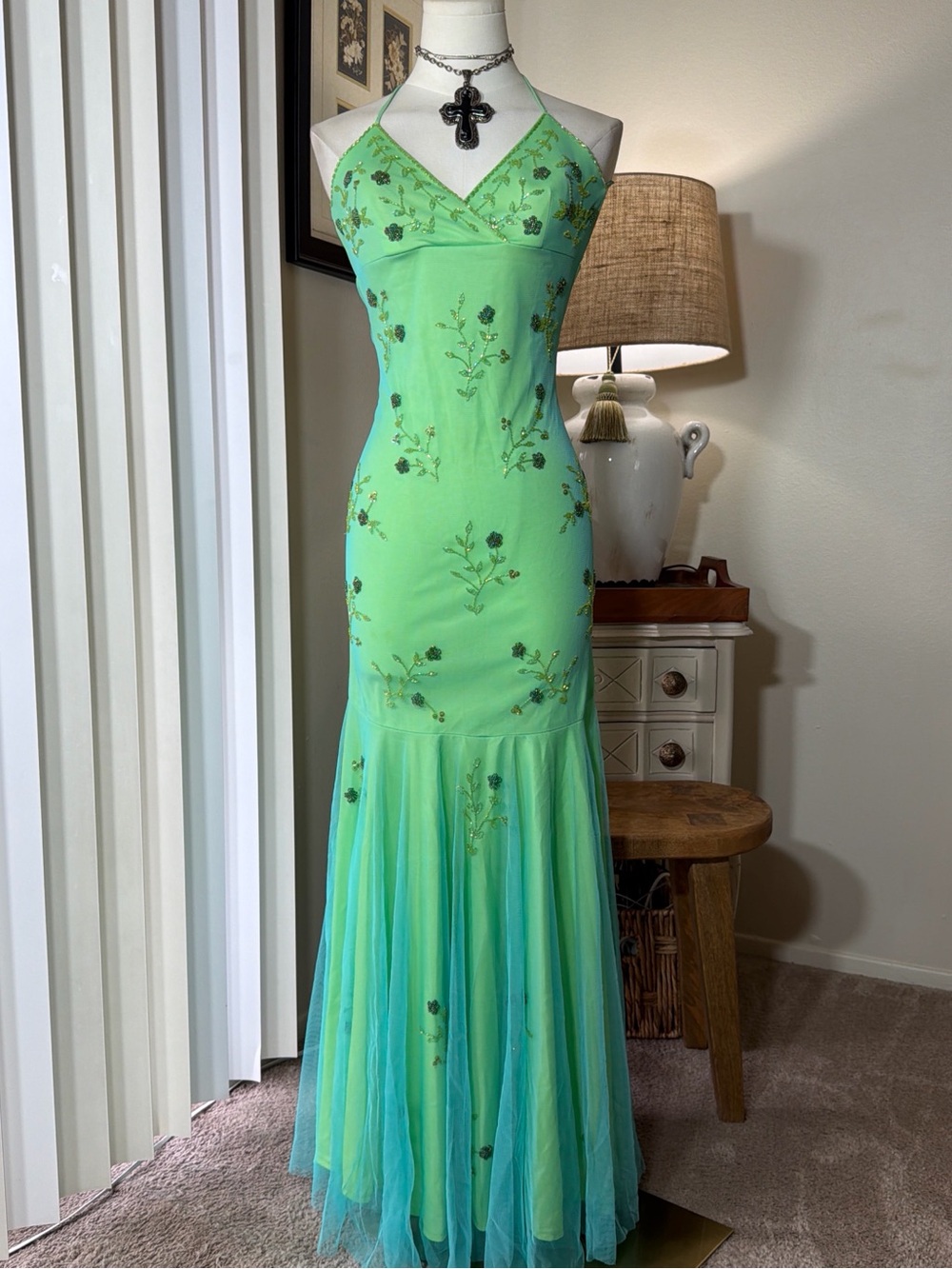 City Triangles Lime Green Floral Halter Mermaid Maxi Dress